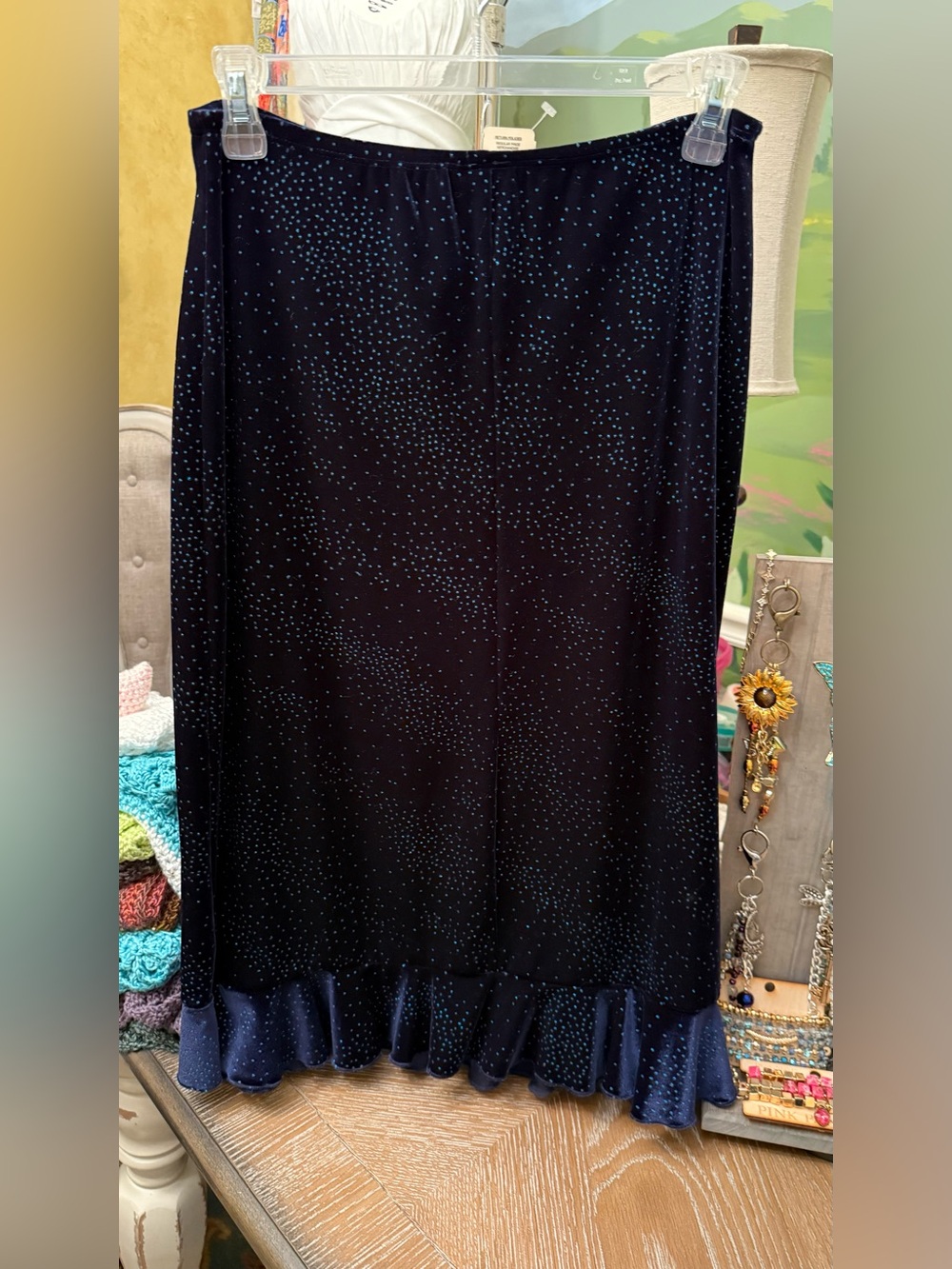 Women's Dark Navy velvet Polka Dot Ruffle-Hem Skirt